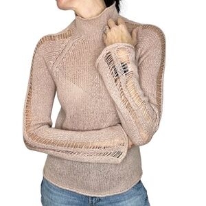 SISLEY pale pink edgy rock n roll destroyed sleeve mock neck sweater